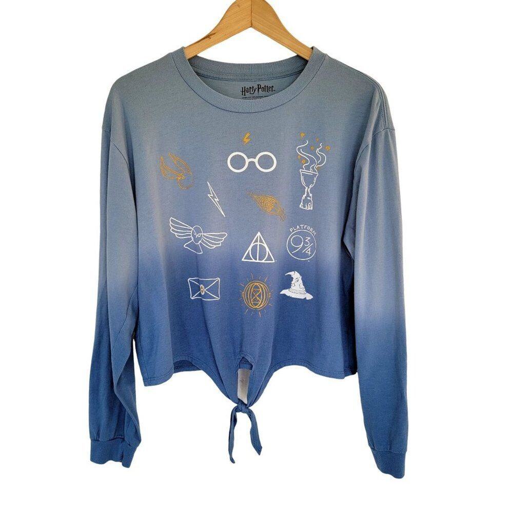 Harry Potter Long Sleeve Cropped Tie Front Top Womens Size XL Gradient Blue